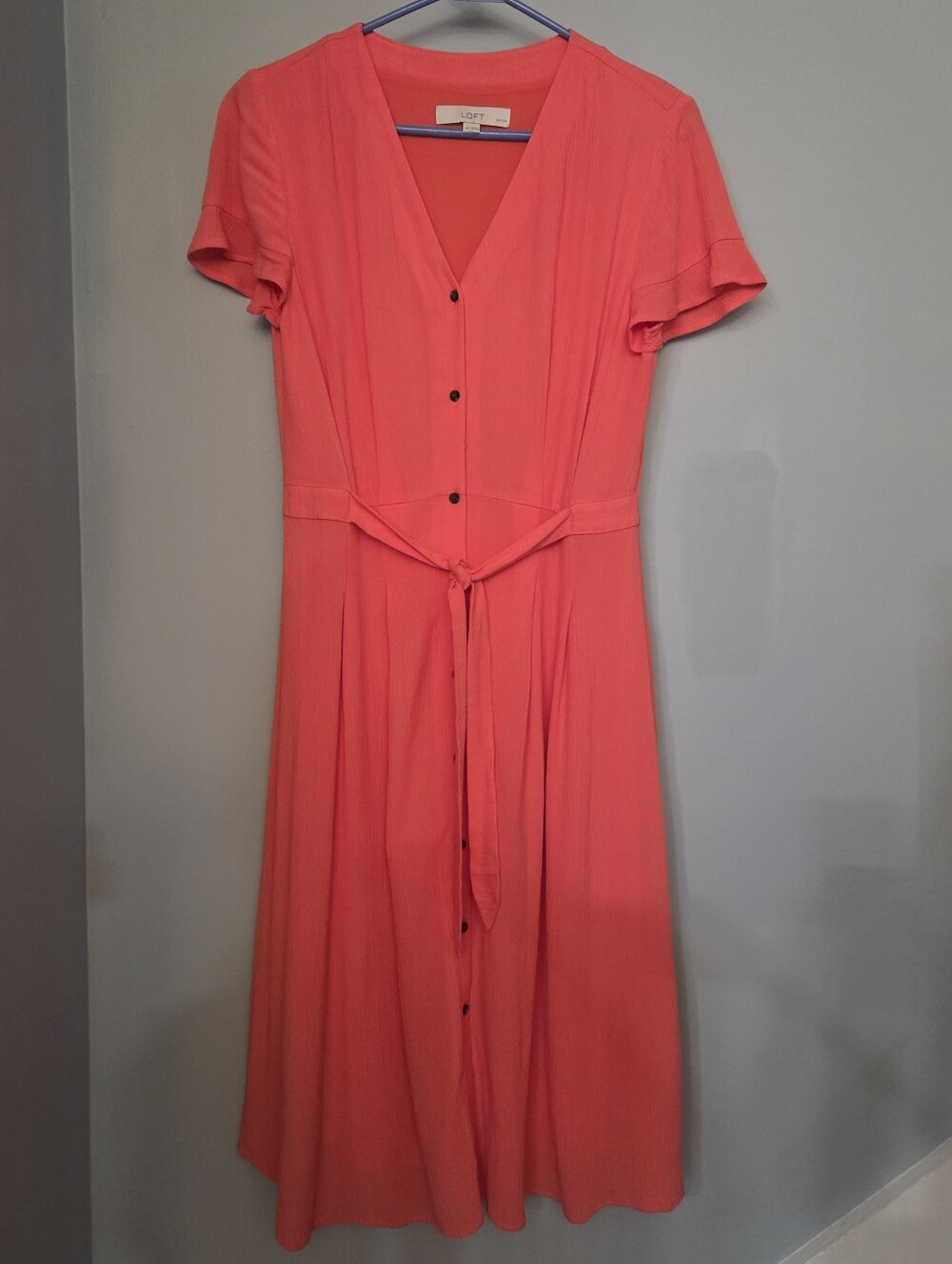 LOFT Coral Button-Front V-Neck Midi with Tie Waist